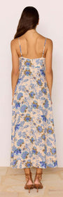 Linen Blend Blue Floral Bias Midi Dress back view showing adjustable straps and floral print details.