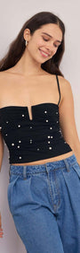 Pearl Embellished Black Mesh Crop Top worn by model, featuring pearl details and a flattering sweetheart neckline.