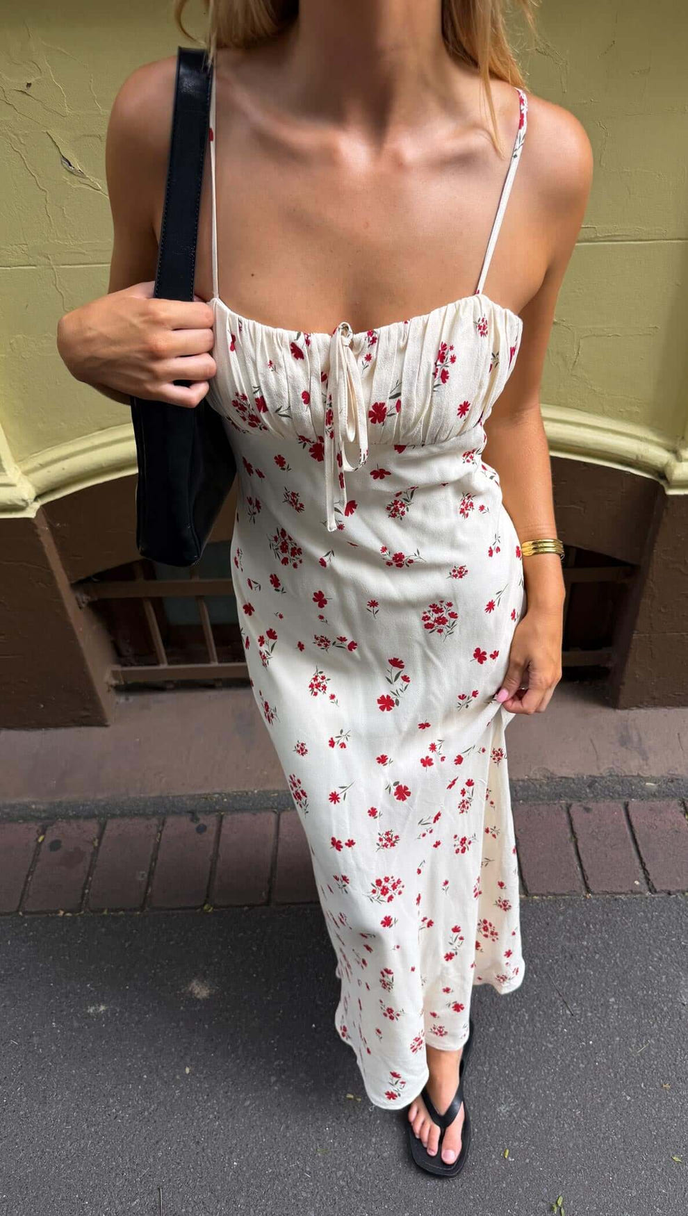 Red & Cream Floral Bias Midi Dress