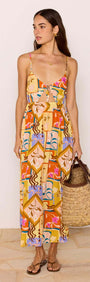 Bold Scarf Print Midi Dress With Cut Out worn by a model, featuring a vibrant abstract print and relaxed fit.