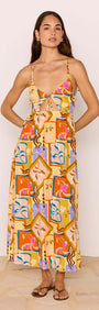Bold Scarf Print Midi Dress With Cut Out worn by a model showcasing its vibrant abstract floral design.