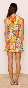 Bold Scarf Print Mini Dress showcasing a vibrant pattern from the back, perfect for summer outings.