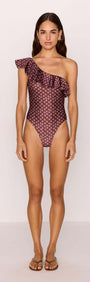 Ruffle one-shoulder one piece swimsuit in burgundy floral print, model wearing with sandals, summer fashion.