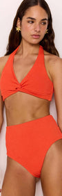 Scarlett High Waisted Bikini Bottoms paired with a matching top, featuring a flattering high-rise fit and cheeky coverage.