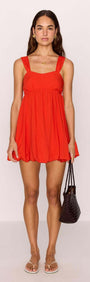 Scarlett Red Bubble Mini Dress in poppy red, featuring bubble hem and gathered bust, perfect for summer outings.