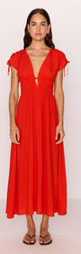Scarlett V-Neck Midi Dress with Bead Detail in vibrant poppy red, featuring a plunging neckline and soft cap sleeves.