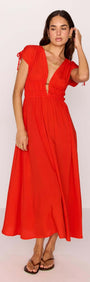 Scarlett V-Neck Midi Dress with Bead Detail in vibrant poppy red worn by a model with sandals.