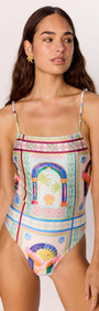 Scoop Back One Piece Swimsuit in vibrant multicolour print, featuring elegant design and adjustable straps.