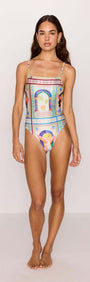 Scoop Back One Piece Swimsuit in vibrant multicolour print worn by model, showcasing a stylish and trendy beachwear design.