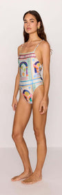 Model wearing a multicolour print scoop back one piece swimsuit, showcasing vibrant patterns and a stylish design.