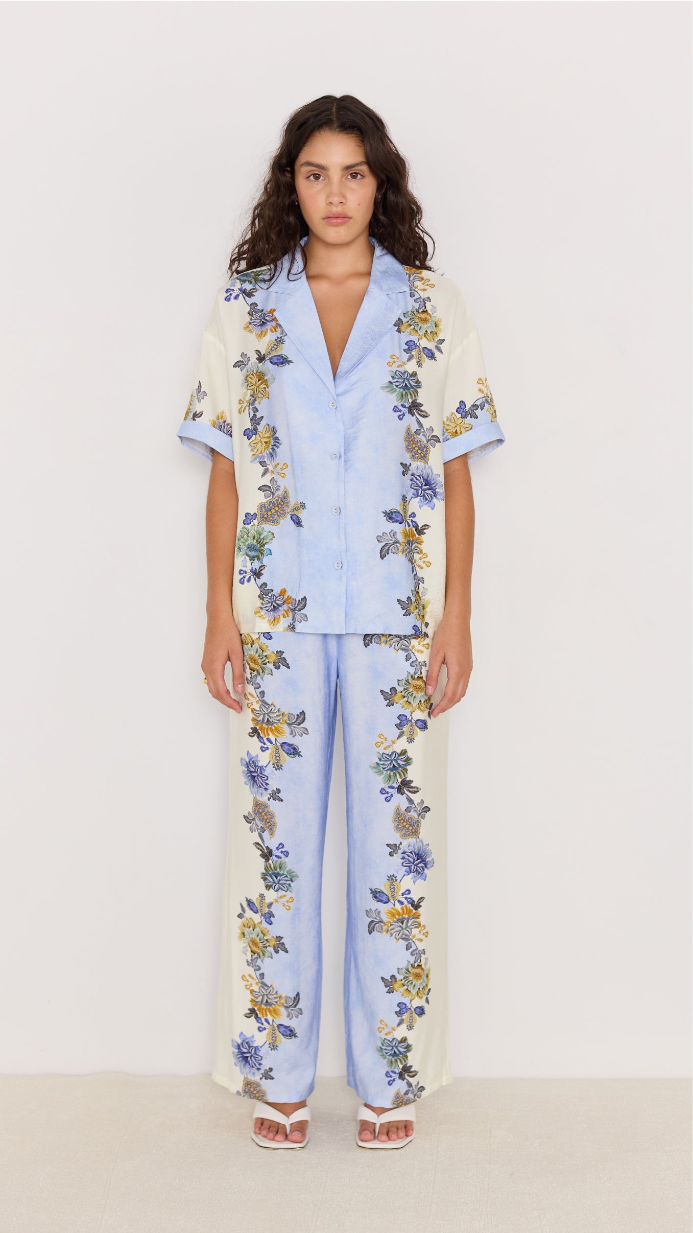 Spring Summer - Lucia blue and cream shirt and wide-leg pants matching set