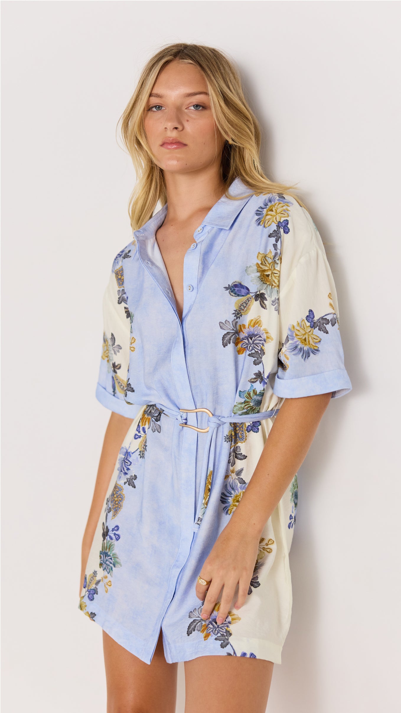 Spring summer dresses - Lucia Blue and cream floral mesh mini Shirt dress