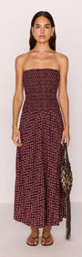 Burgundy floral print maxi dress with a strapless ruched bodice, perfect for summer outings and casual occasions.