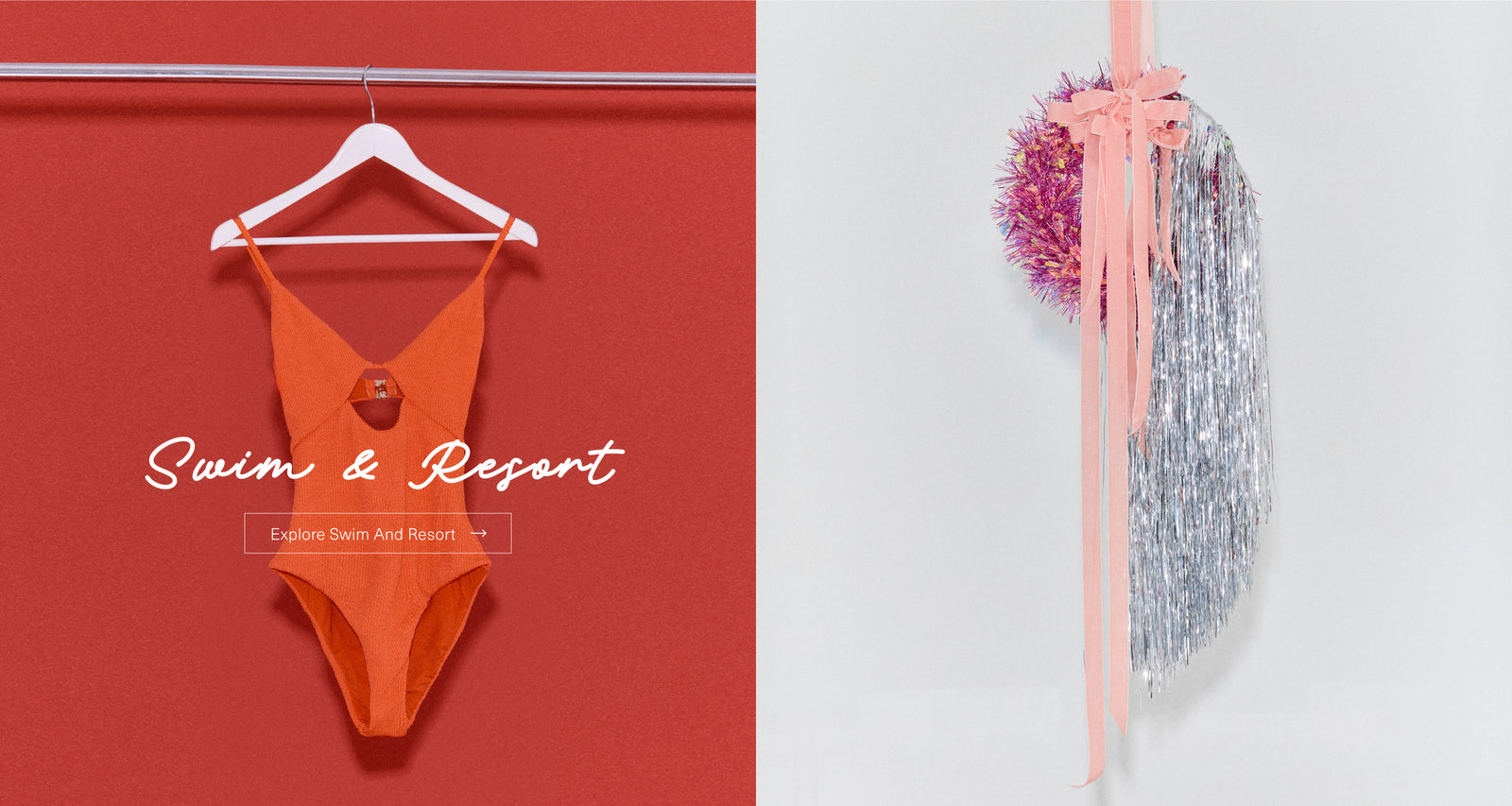 Orange swimsuit on a hanger with pink and silver decor, showcasing Swim & Resort theme.