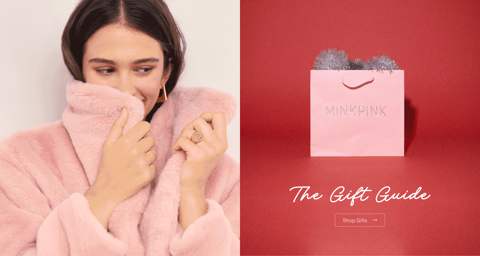 Woman in a cozy pink robe holding a gift guide alongside a stylish gift bag from MINKPINK.