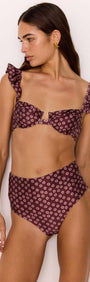 Underwire bra bikini top in burgundy floral print with ruffle straps, model wearing matching high-waisted bikini bottom.