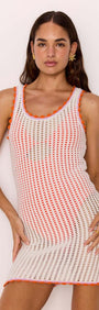 White Cotton Knit Mini Dress with Scallop Contrast Edge on model, showcasing airy knit and vibrant scalloped trim.