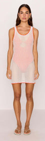 White Cotton Knit Mini Dress with Scallop Contrast Edge worn by a model, showcasing its beach-ready design.