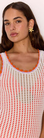 White Cotton Knit Mini Dress with Scallop Contrast Edge worn by a model showcasing the airy crochet design.