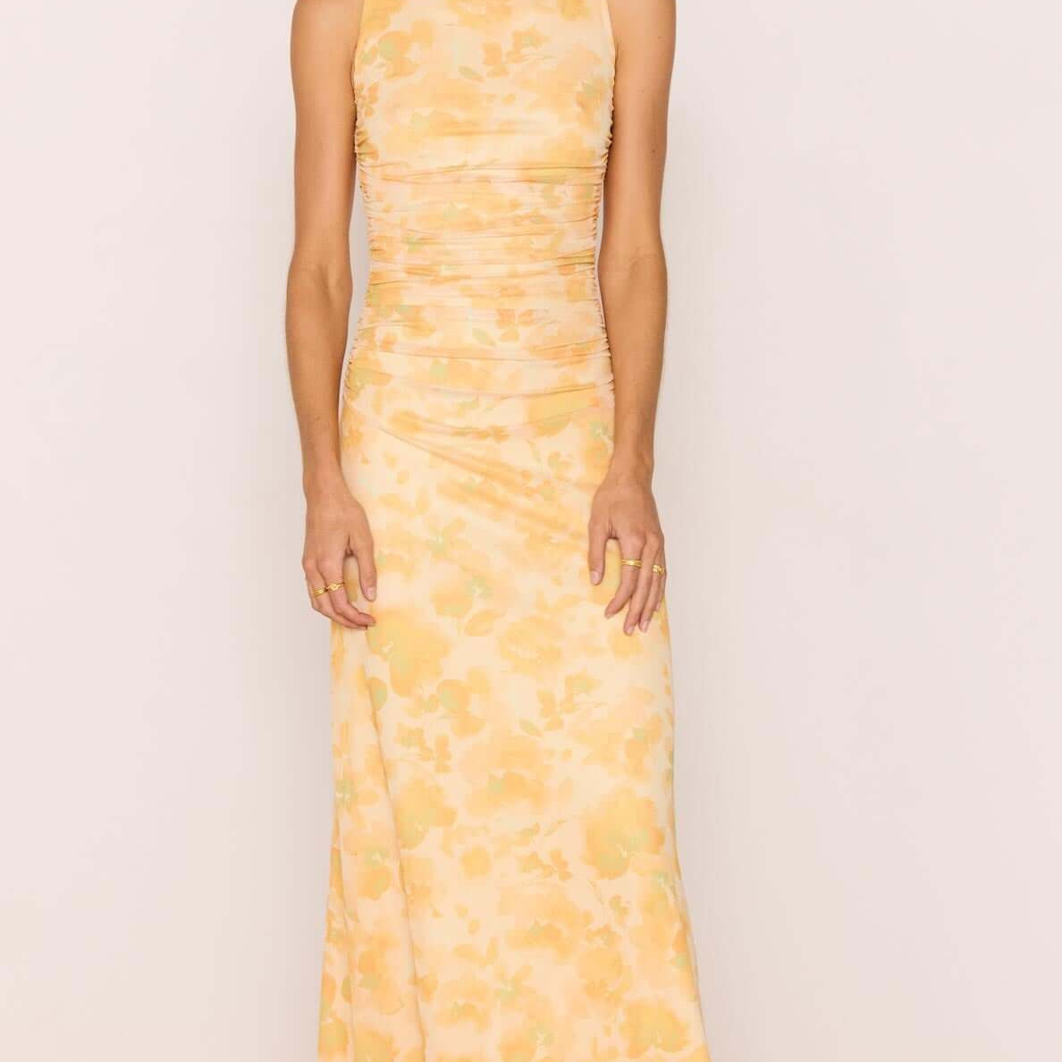 Yellow Floral Mesh Midi Dress featuring a dreamy orange watercolor floral print and a figure-skimming fit.