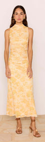 Yellow Floral Mesh Midi Dress featuring a dreamy orange watercolor floral print and a figure-skimming fit.
