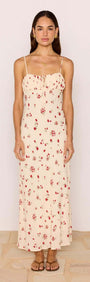 Red & Cream Floral Bias Midi Dress featuring a soft bias cut and delicate spaghetti straps.
