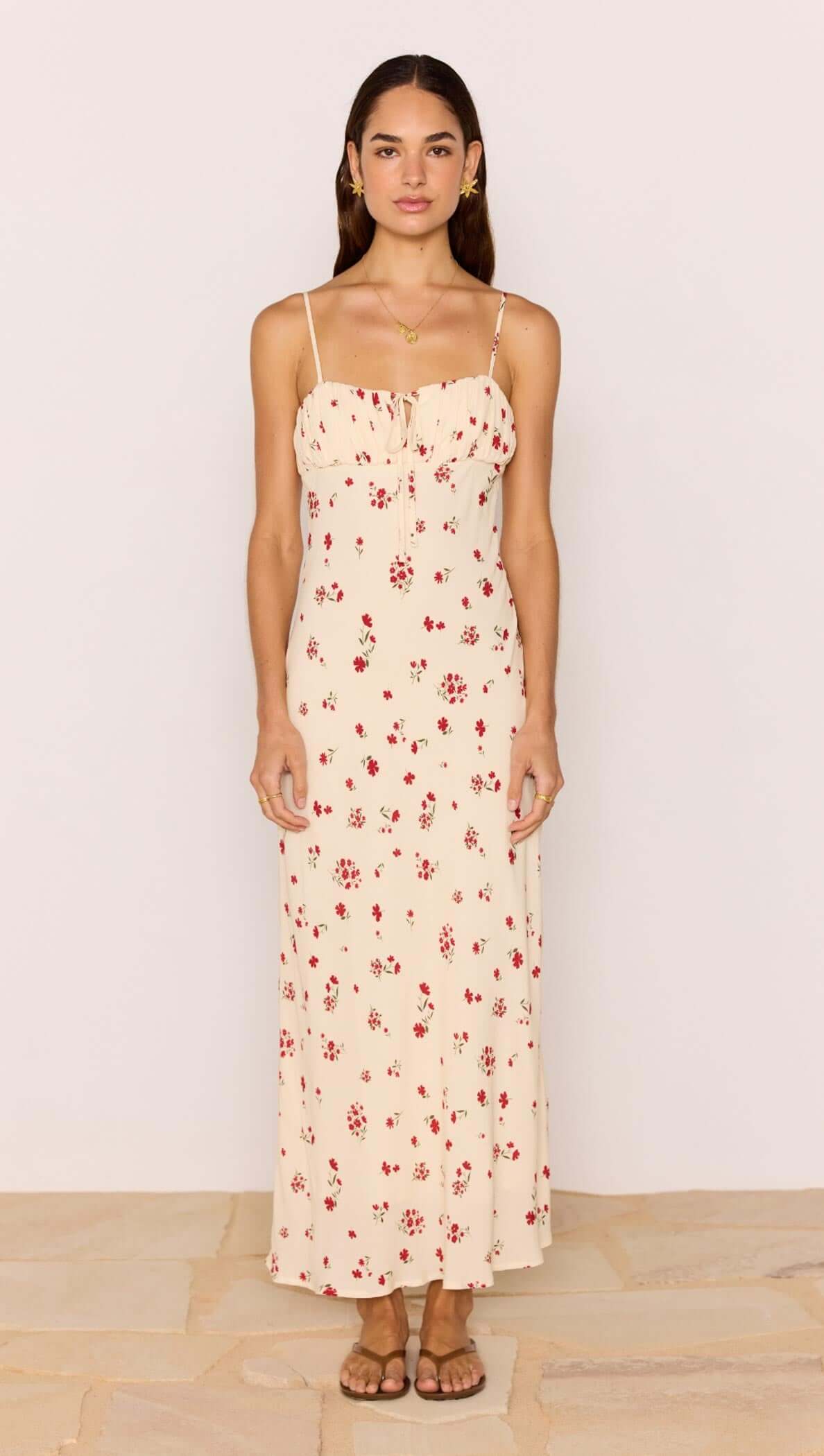Red &amp; Cream Floral Bias Midi Dress featuring a soft bias cut and delicate spaghetti straps.