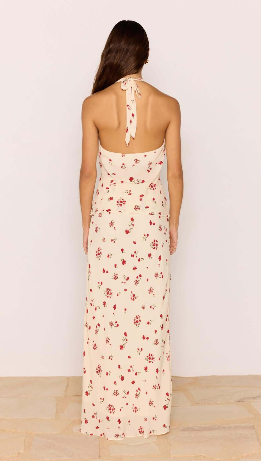 Red & Cream Floral Halter Bias Top showcasing the back view, featuring a vintage floral print and tie detail.