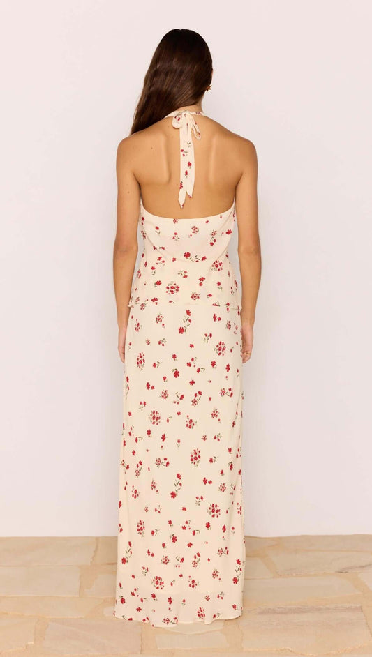 Red & Cream Floral Halter Bias Top showcasing the back view, featuring a vintage floral print and tie detail.