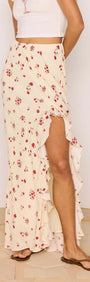 Red & Cream Floral Ruffle Bias Maxi Skirt showcasing a flowing design and feminine ruffle hem.