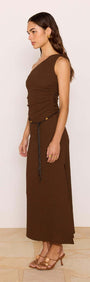 One-Shoulder Brown Midi Dress with Beaded Belt worn by a model, showcasing the elegant silhouette and detail.