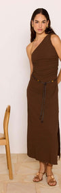 One-Shoulder Brown Midi Dress with Beaded Belt worn by a model, featuring ruched bodice and side split.