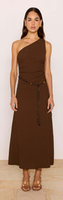 One-Shoulder Brown Midi Dress with Beaded Belt on model in chocolate brown with a ruched bodice and side split.