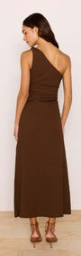 Back view of One-Shoulder Brown Midi Dress with Beaded Belt showcasing its elegant design and silhouette.