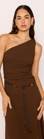 One-Shoulder Brown Midi Dress with Beaded Belt on a model, featuring ruched bodice and stylish side split.