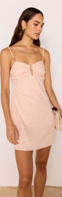 Dusty Pink Linen Mini Dress With Bead Detail featuring adjustable straps and ruched bust design.