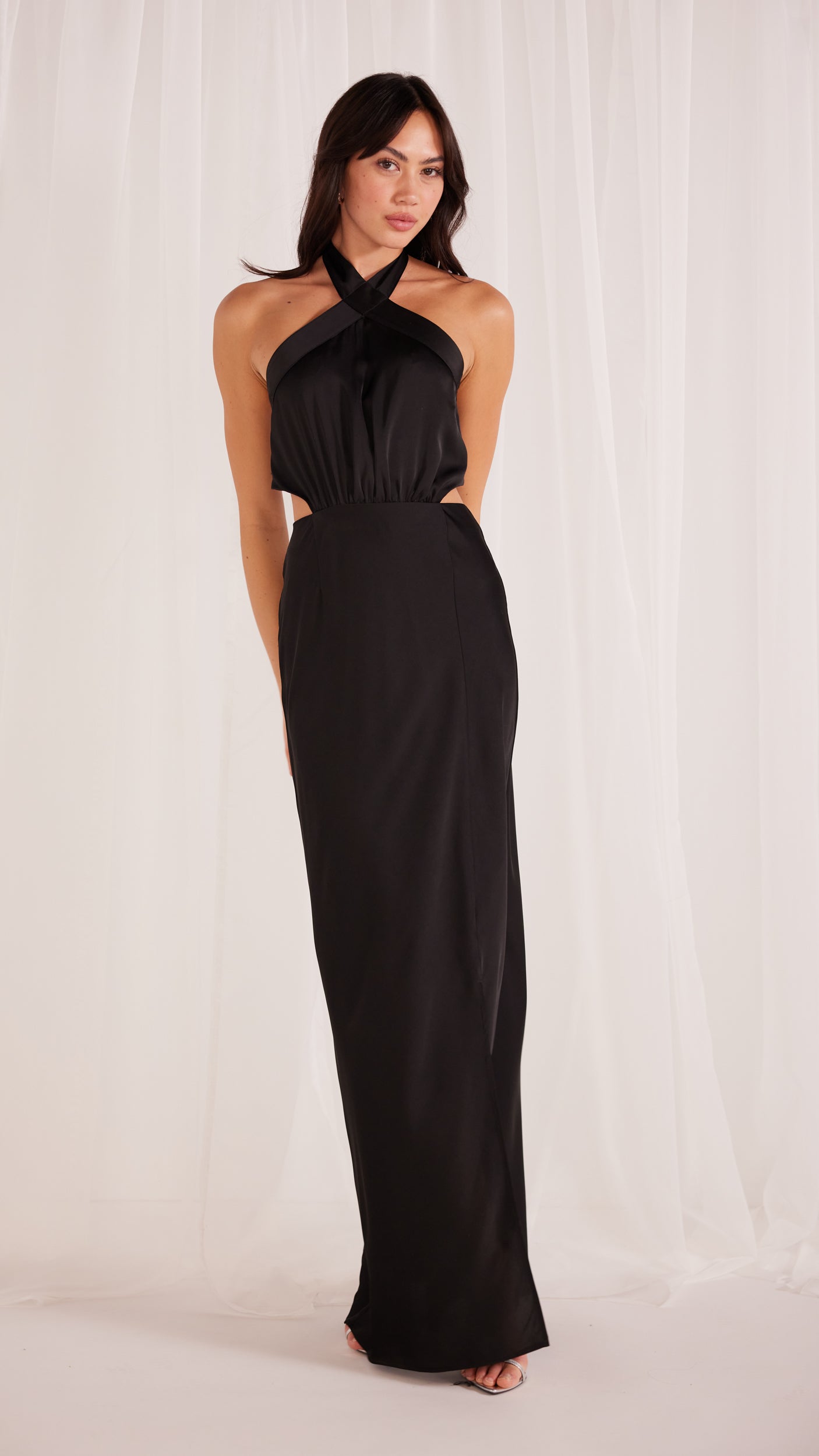 MG23X2466-066-FINLAY SATIN HALTER NECK GOWN BLACK-MINKPINK