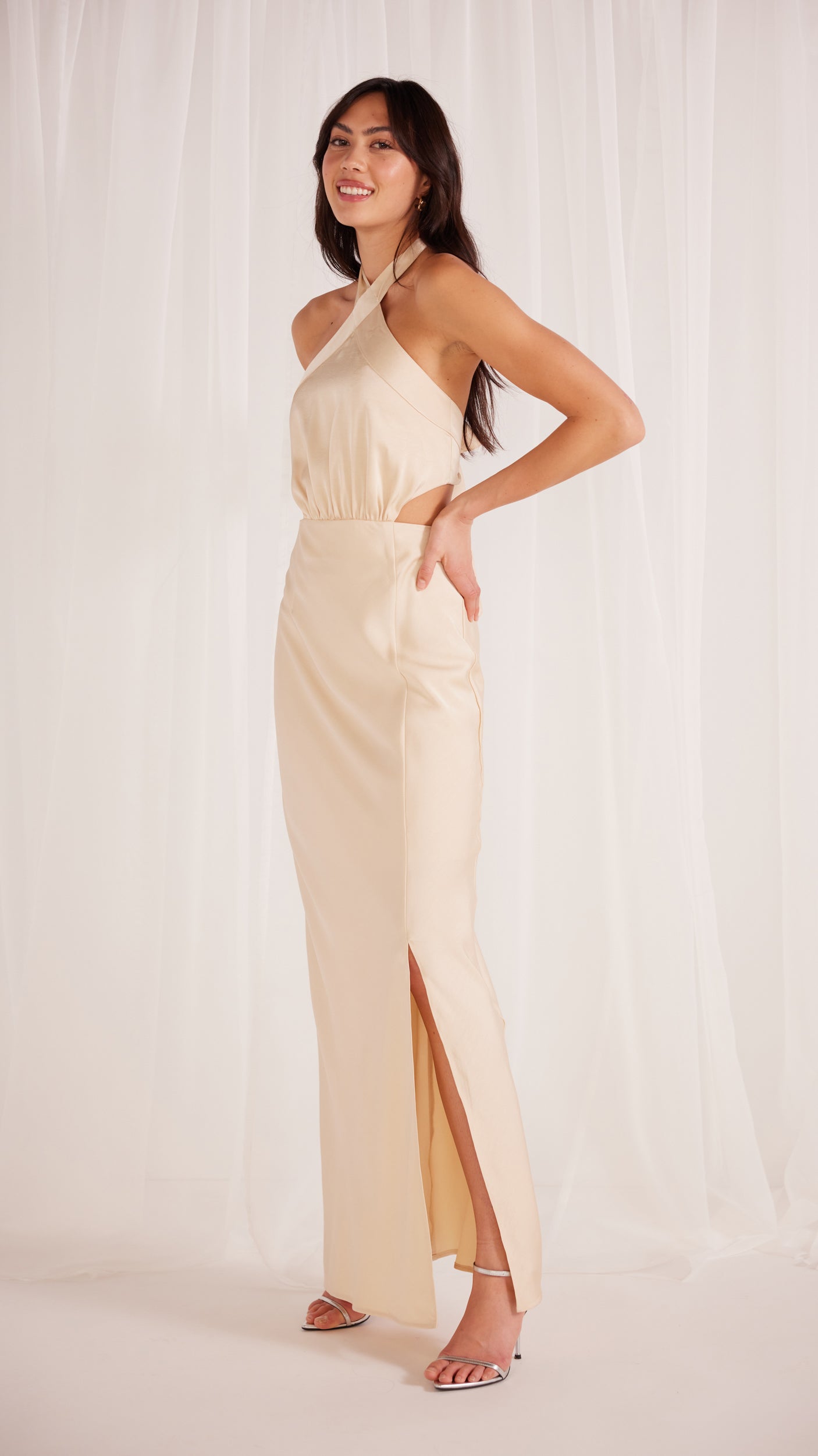 Finlay Satin Halter Gown Champagne - MINKPINK Official