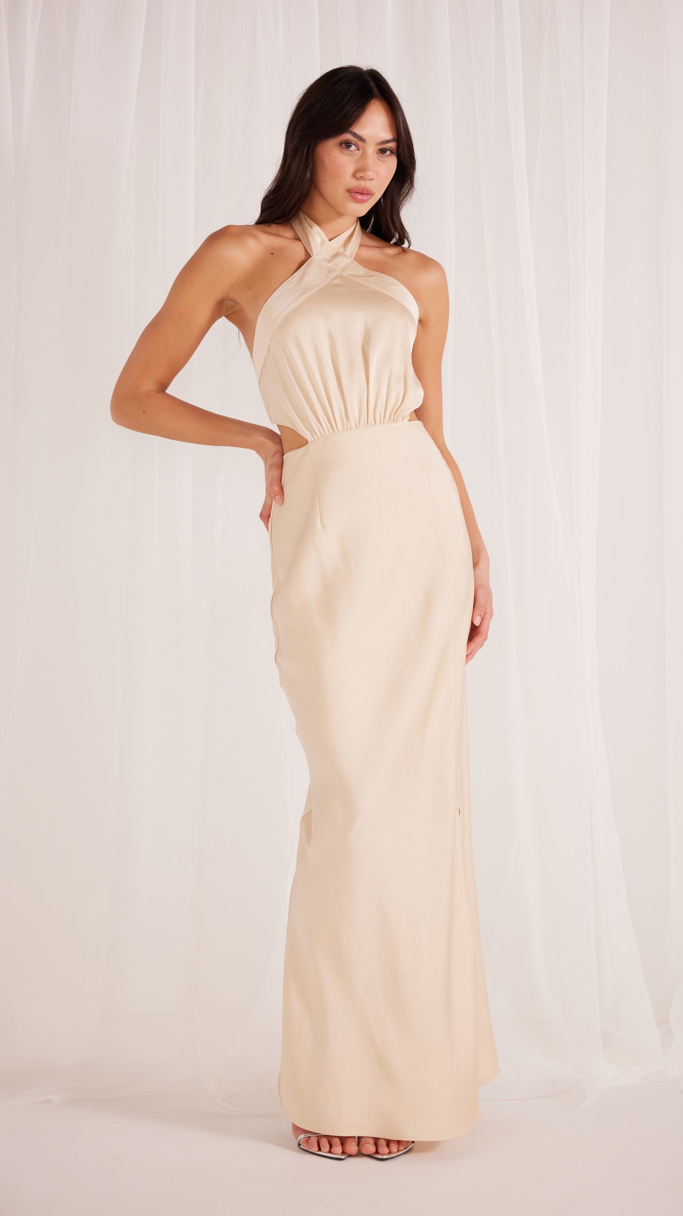 MG23X2466-165-FINLAY SATIN HALTER NECK GOWN CHAMPAGNE-MINKPINK