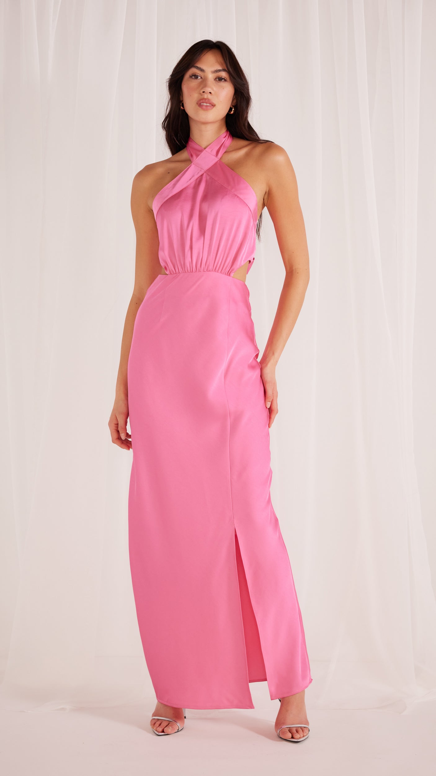 MG23X2466-118-FINLAY SATIN HALTER NECK GOWN PINK-MINKPINK