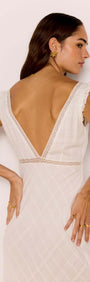 Lace Detail White Cotton Midi Dress showcasing the back view with plunging V-neckline and delicate lace trim.