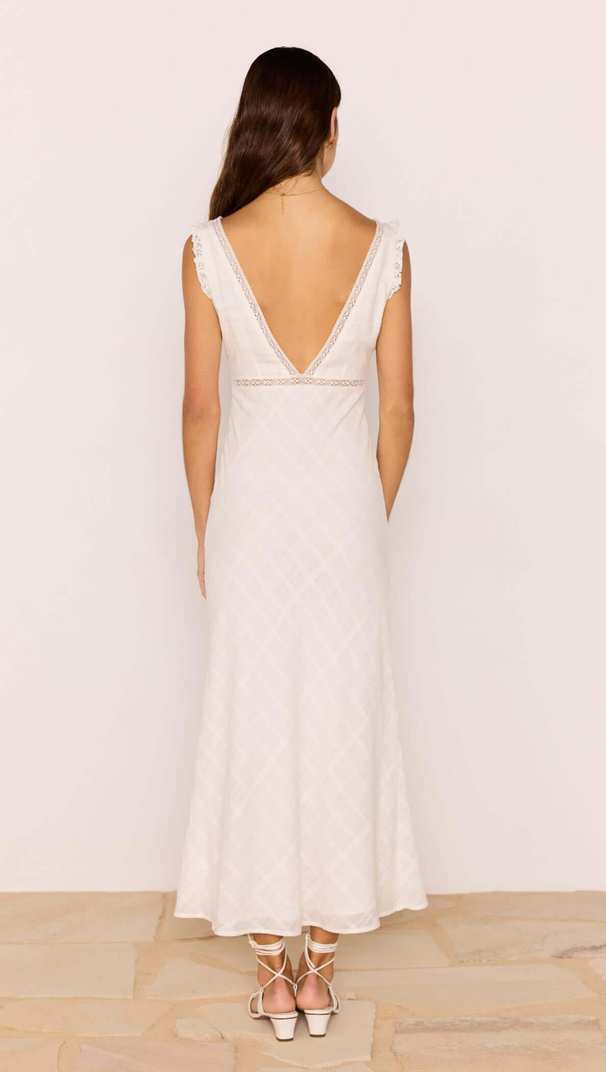 Back view of Lace Detail White Cotton Midi Dress showcasing the plunging V-neckline and lace trim.