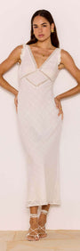 Lace Detail White Cotton Midi Dress featuring a plunging V-neckline and delicate lace trim.