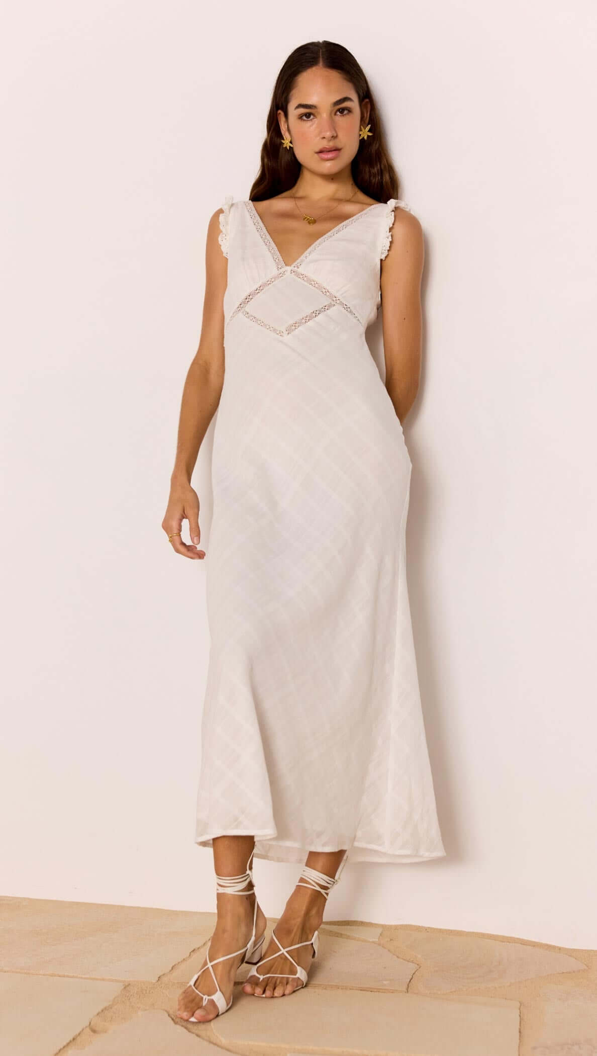 Lace Detail White Cotton Midi Dress worn by model, featuring a plunging V-neckline and lace trim on a neutral background.