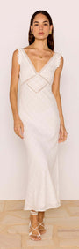 Lace Detail White Cotton Midi Dress with plunging V-neckline and lace trim, perfect for summer events.