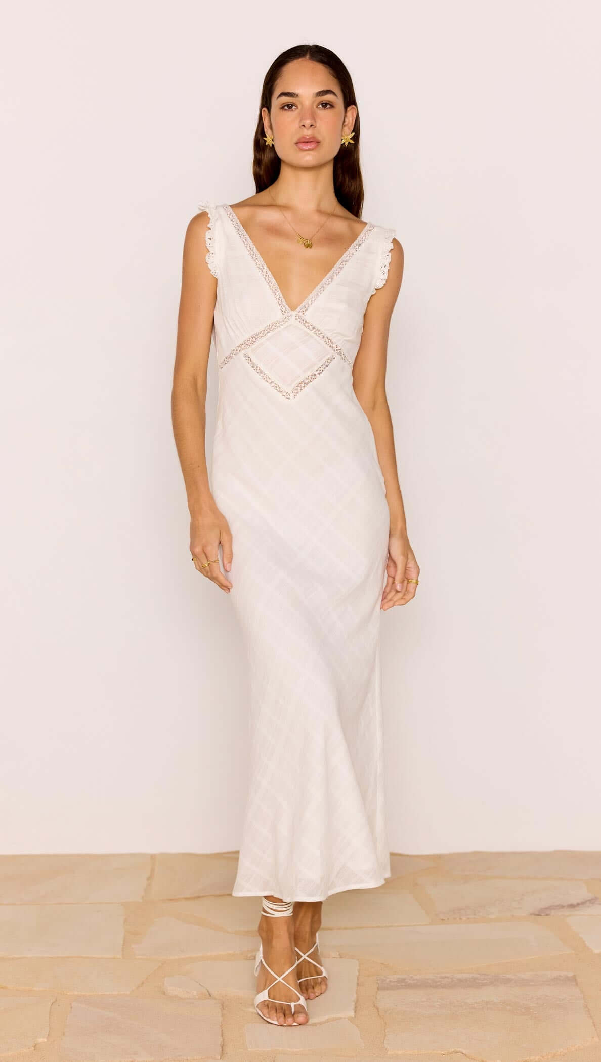 Lace Detail White Cotton Midi Dress with plunging V-neckline and lace trim, perfect for summer events.