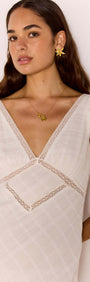 Lace Detail White Cotton Midi Dress showcased on a model featuring a V-neckline and delicate lace trim.