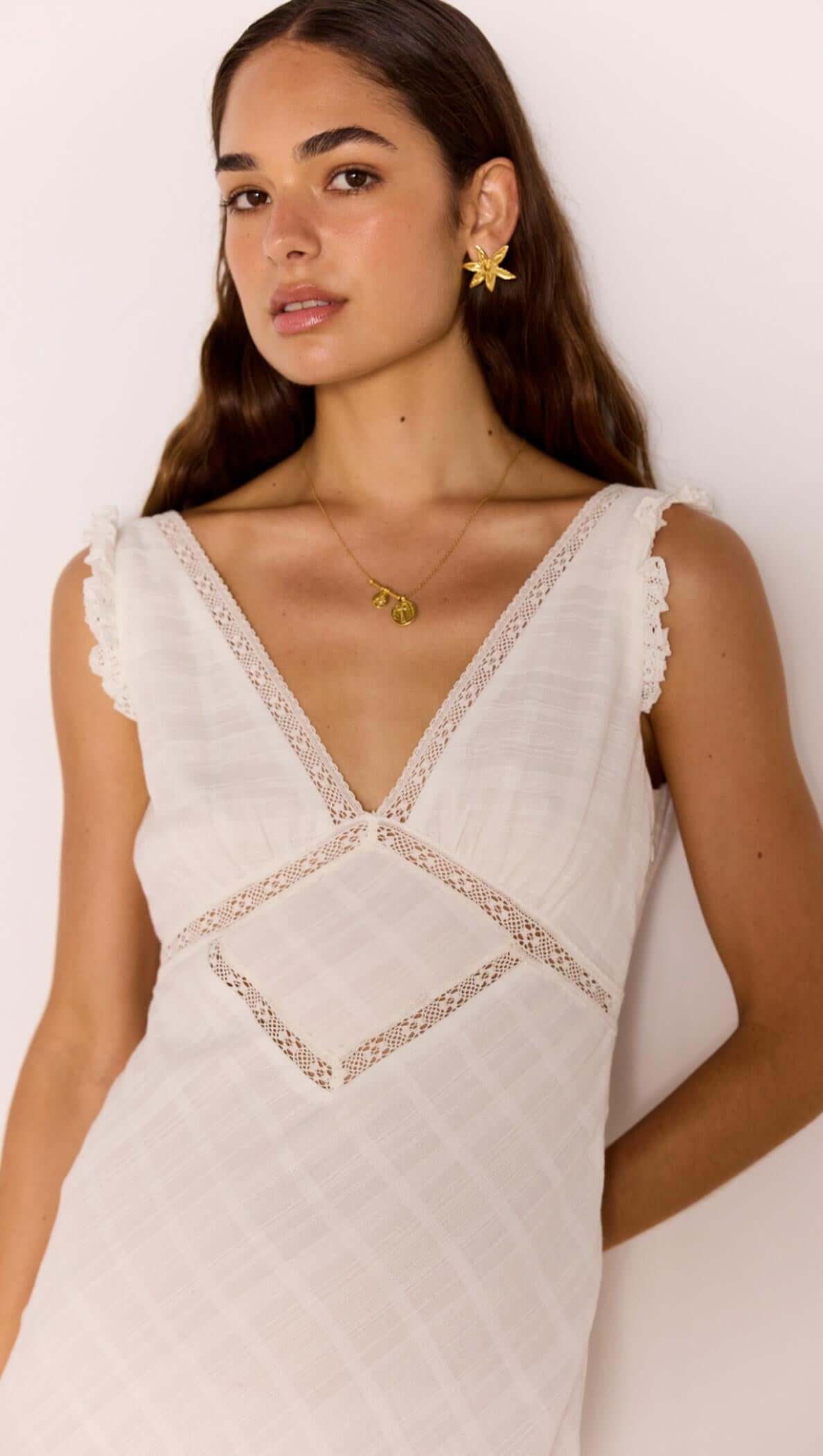 Lace Detail White Cotton Midi Dress showcased on a model featuring a V-neckline and delicate lace trim.