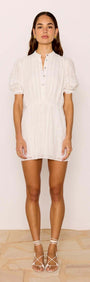 Lace Detail White Cotton Mini Dress featuring delicate lace, puff sleeves, and elastic waist with tie detail.