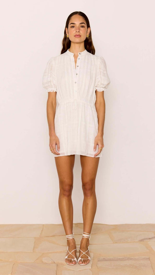 Lace Detail White Cotton Mini Dress featuring delicate lace, puff sleeves, and elastic waist with tie detail.